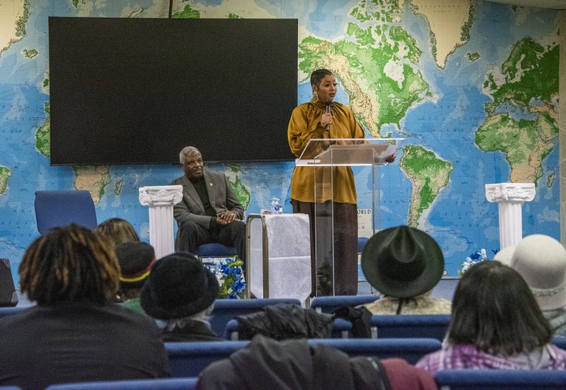 Fleur McKendell, president of Delaware State NAACP, addresses the audience at Pilgrims Ministry of Deliverance in Georgetown.